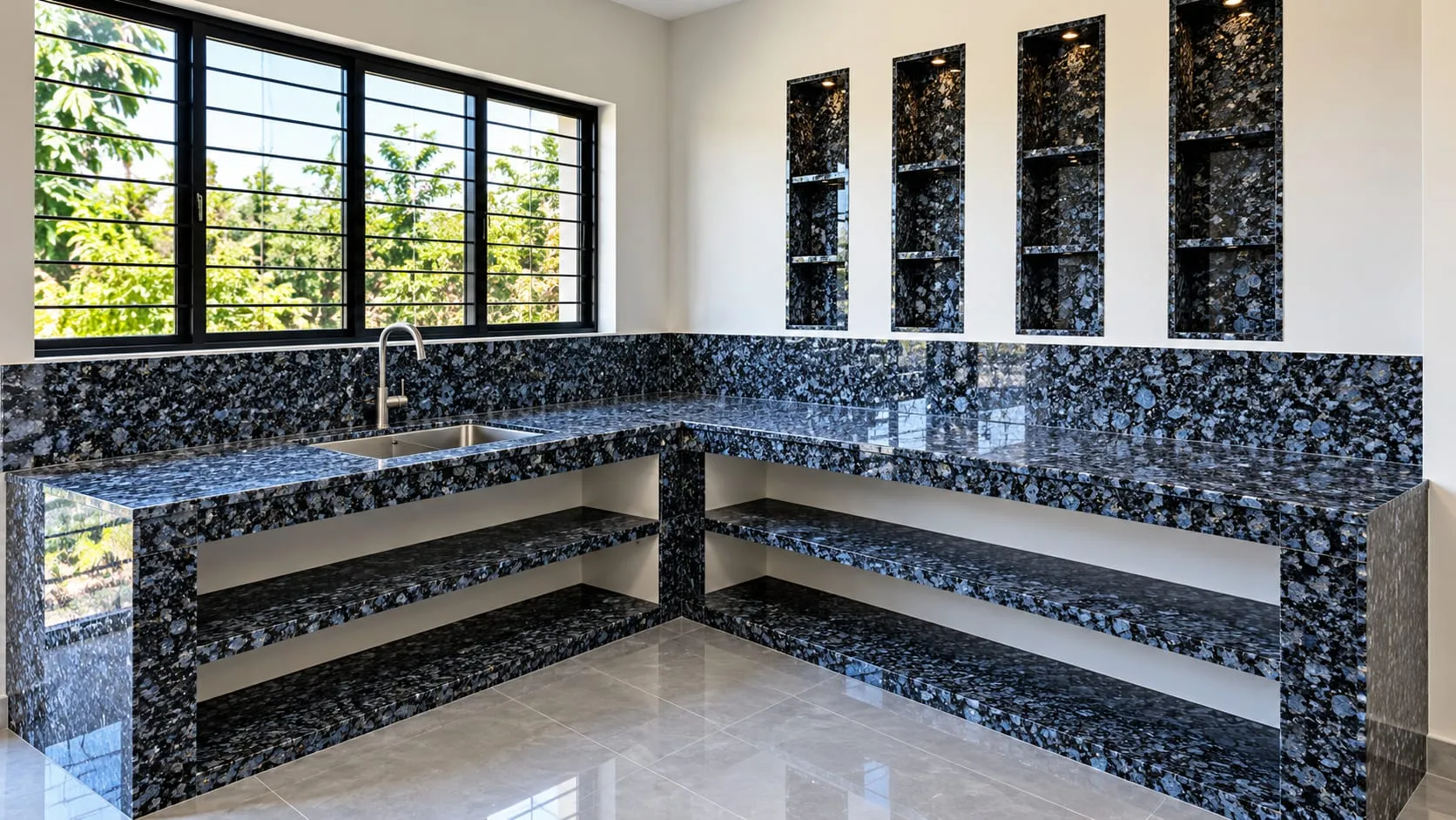 L-shaped kitchen countertop in dark speckled stone with built-in open shelving beneath