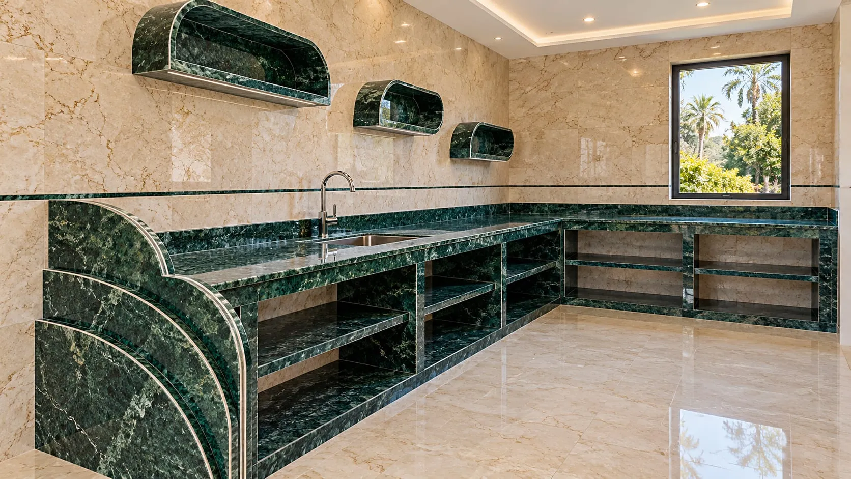 Kitchen with dark green stone countertops, curved edge profiles and matching wall niches