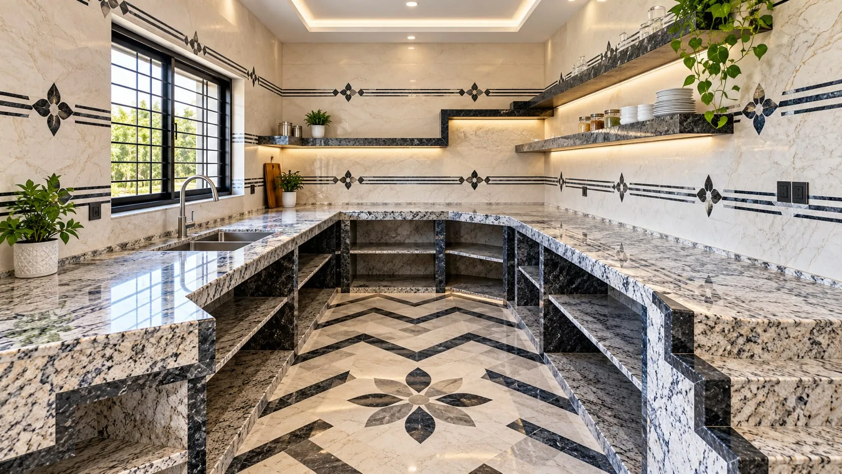 Kitchen with speckled stone countertops and a floor laid in a geometric stone inlay pattern