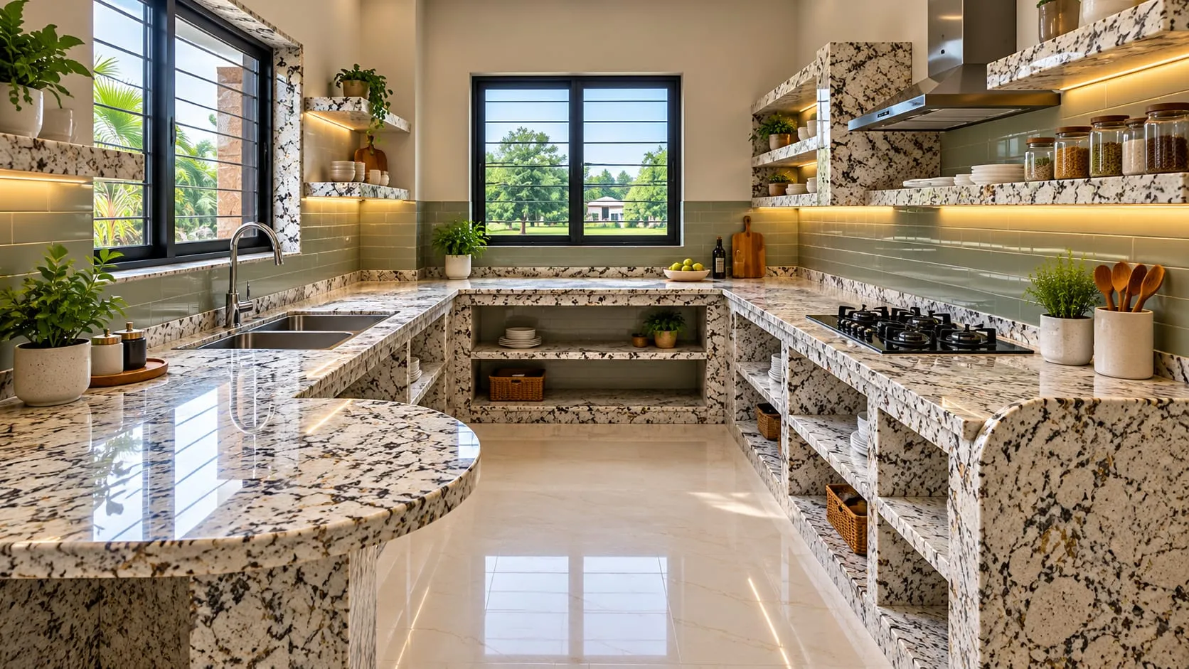 Kitchen with grey-and-white patterned stone countertops, backsplash and open shelving