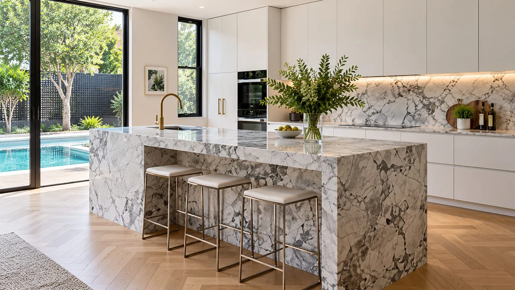 White kitchen with a grey-veined stone waterfall island and three stools