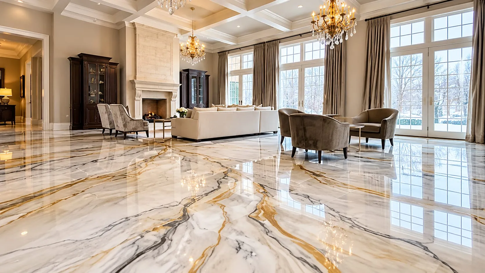 Large living room with a polished white stone floor with gold veining, coffered ceiling and tall windows