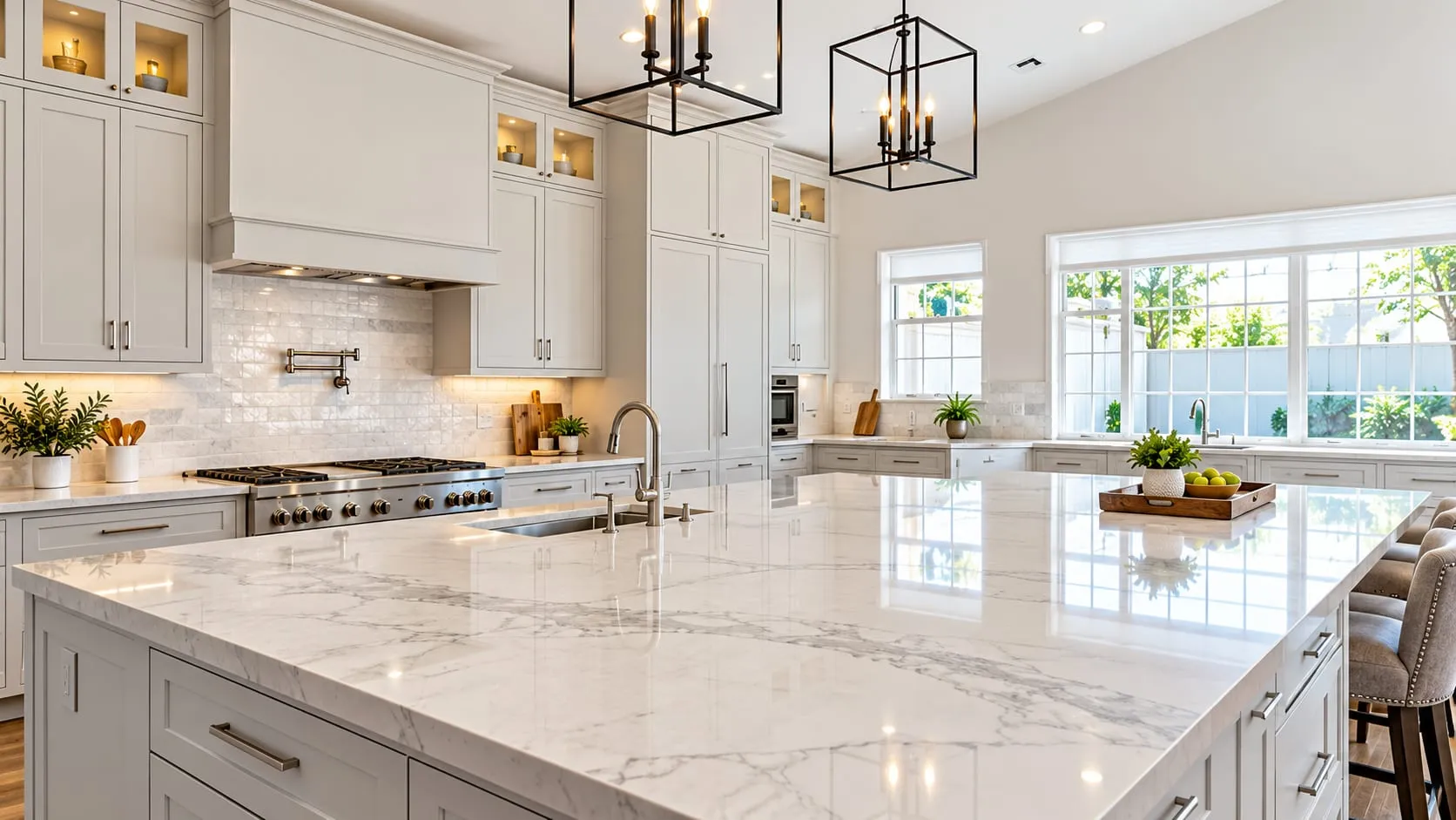 Large white kitchen island with light veining beneath lantern pendants