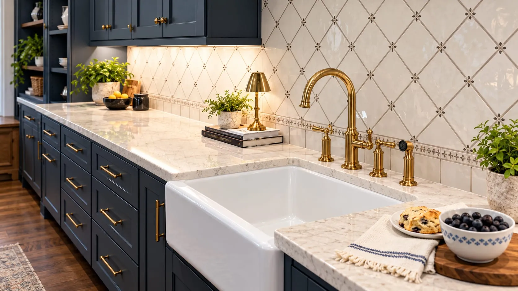 Kitchen with navy cabinets, a white farmhouse sink, brass tap and a light stone countertop under a tiled wall