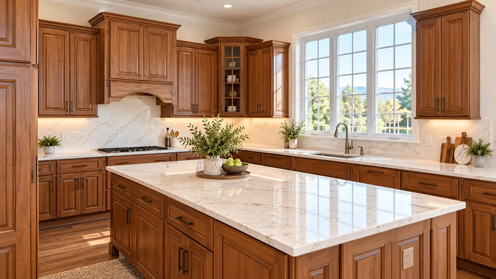 Kitchen with honey-toned wood cabinets and a large island topped in white veined stone