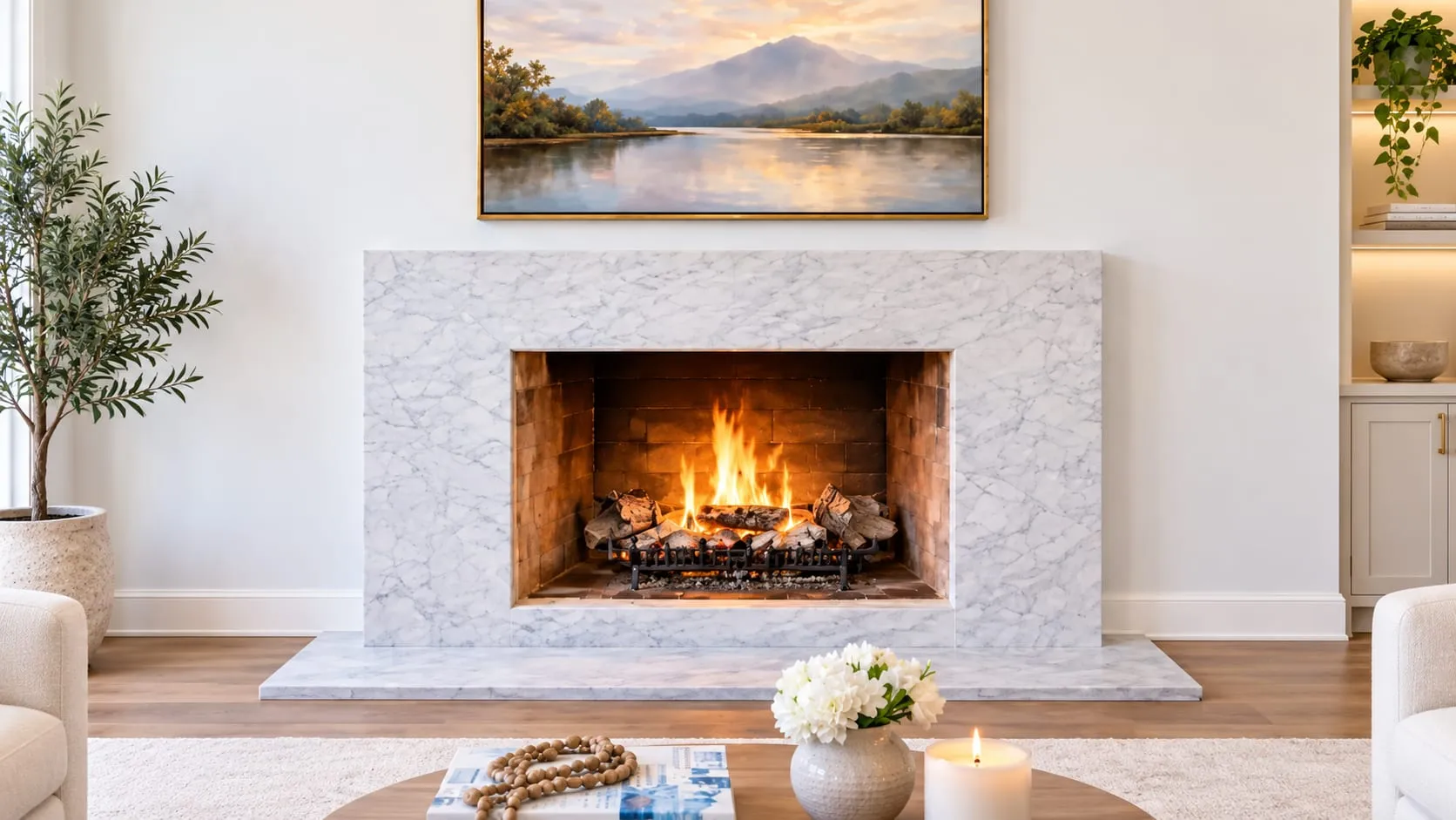 Living room with a white veined stone fireplace surround and hearth beneath a landscape painting