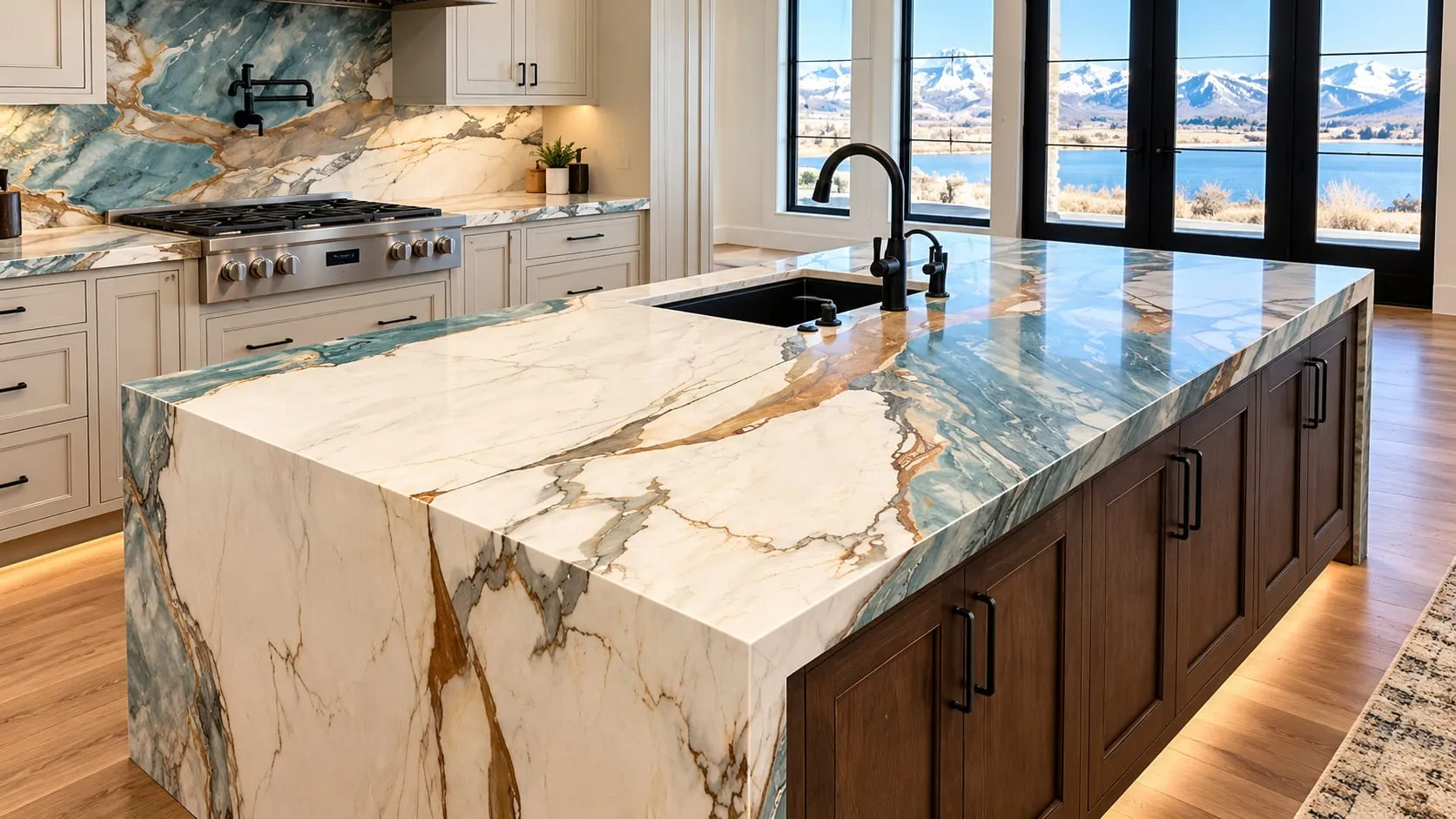Kitchen island with a dramatic blue, gold and white veined stone top and matching backsplash, dark cabinets and lake views