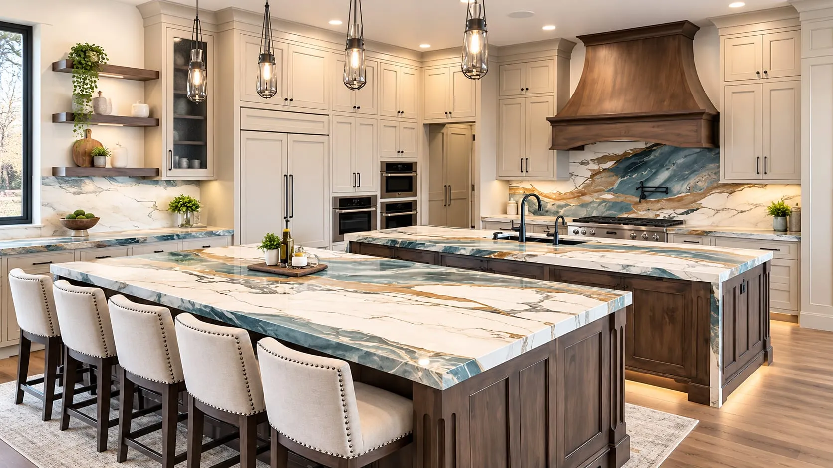 Large kitchen with two parallel islands topped in blue-and-gold veined stone, cream cabinets and upholstered stools