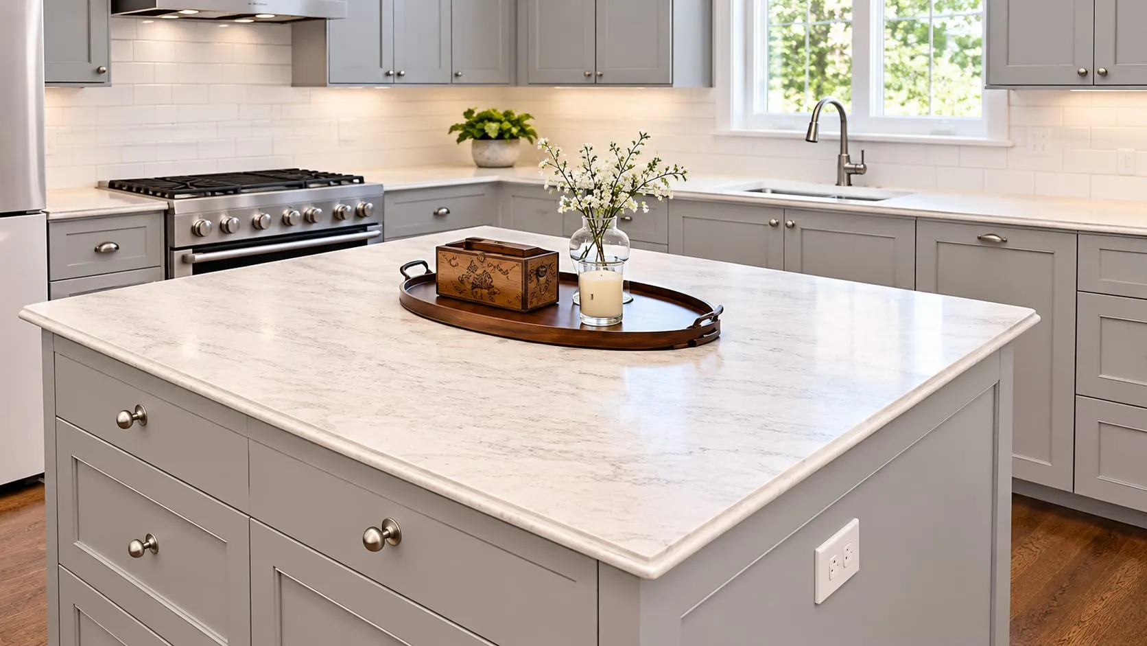 Kitchen with grey cabinets, a grey island topped in light veined stone and a professional range